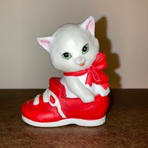 Vintage Lefton ceramic cat in a red shoe